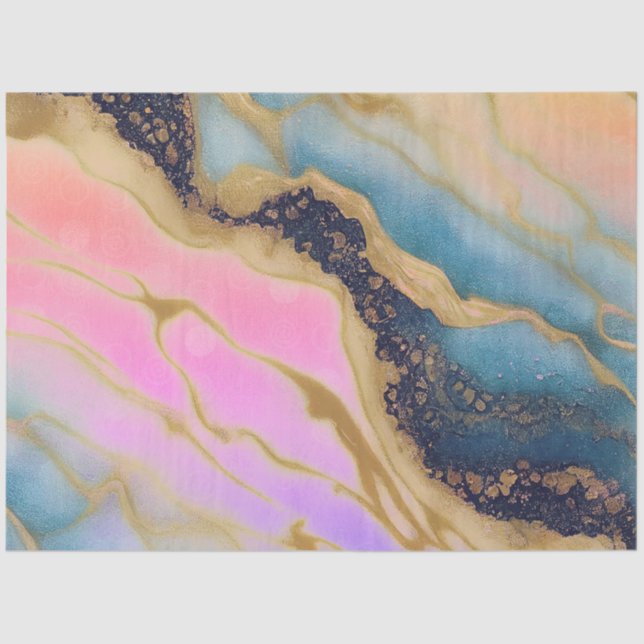 Papel De Seda Mármore Falso Azul, Água, Rosa, Dourado (Frente )