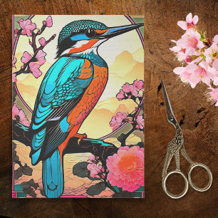 Papel De Seda Martim-pescador Azul com Mums Rosa e Flores de Cer