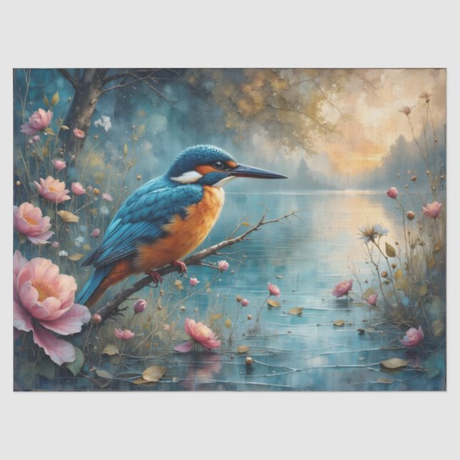 Papel De Seda Martim-pescador empoleirado sobre flores cor-de-ro (Frente )