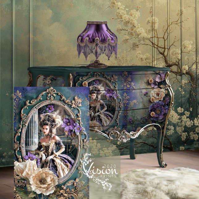 Papel De Seda Mary Antoinette Era, Beleza Francesa De Alta Moda (Mary Antoinette, High Fashion Purple and Teal, Decoupage Tissue Paper.)