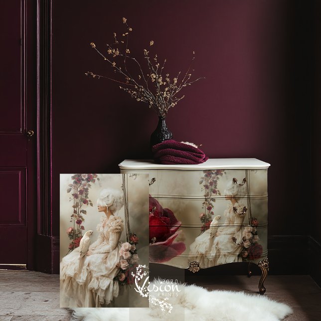 Papel De Seda Mary Antoinette Portrait Bird & Rosa Floral (Mary Antoinette, Bird & Floral Victorian Woman Romantic Portrait Art Decoupage Tissue Paper)