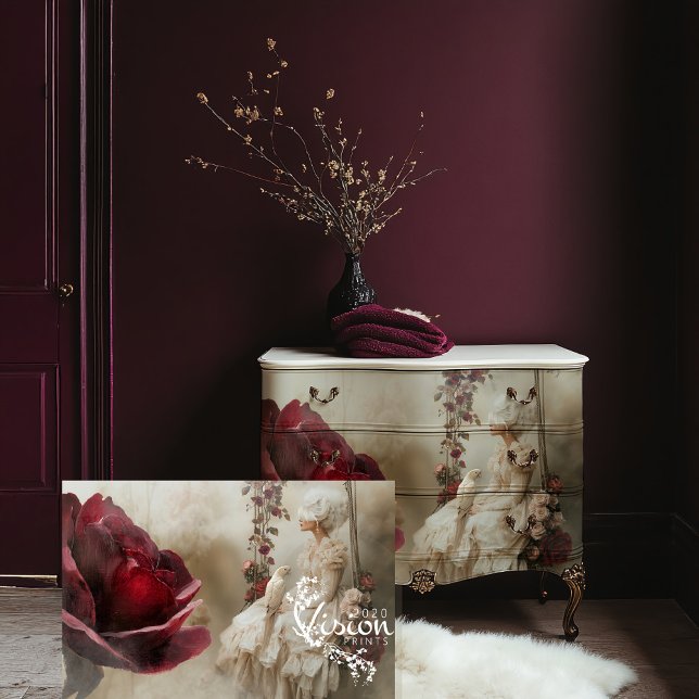 Papel De Seda Mary Antoinette Romance Portrait Bird & Floral (Mary Antoinette Romantic Ethereal Bird and Burgundy Rose Portrait Art Decoupage Tissue Paper)