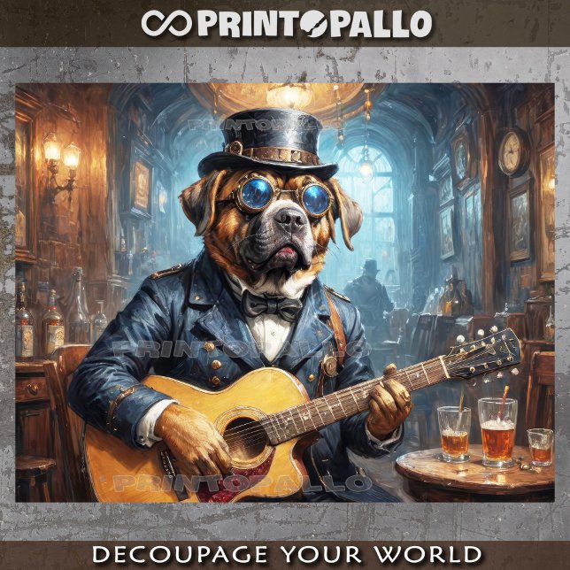 Papel De Seda Mastiff Steampunk dog tocando violão - (Criador carregado)