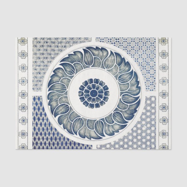 Papel De Seda Medalhão Chinês: Chinoiserie Azul Índigo (Frente )