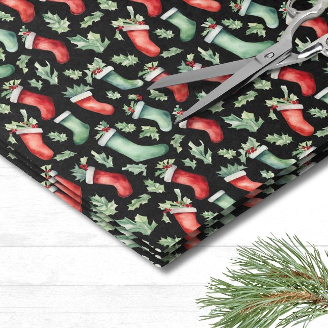 Papel De Seda Meia de Natal Stocking de Natal (Festive Holiday Holly Stocking Christmas Tissue Paper)