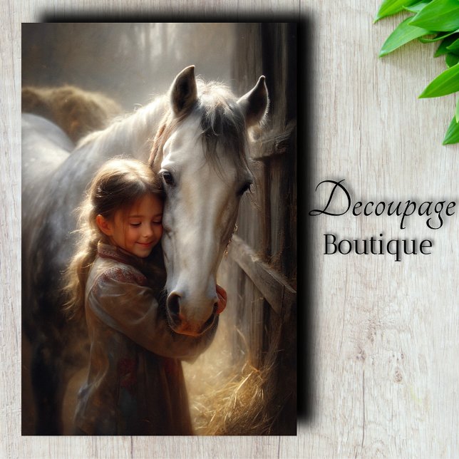 Papel De Seda Menina Abraçando Cavalo Branco Decoupagem (Girl Hugging White Horse Decoupage Tissue Paper)