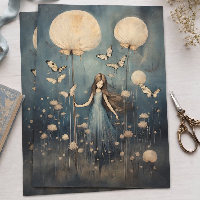 Papel De Seda Menina Caprichosa Dandelion e Borboleta Decoupage (Criador carregado)