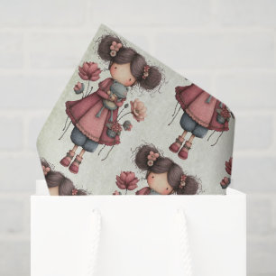 Papel De Seda Menina com boneca de sapo padrão caprichoso fofo