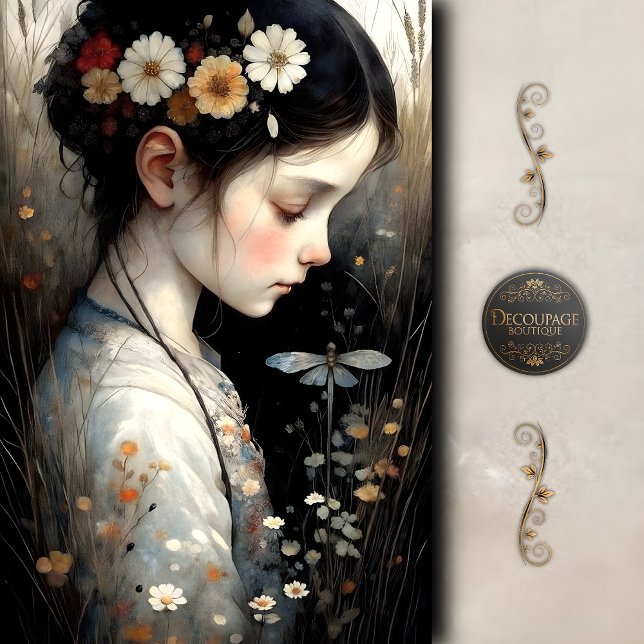 Papel De Seda Menina com Flores e Dragonfly Decoupage (Girl with Flowers & Dragonfly Decoupage Tissue Paper)