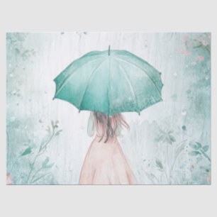Papel De Seda Menina com Guarda-Chuva Verde Água Jardim Chuvoso