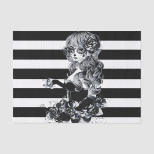 Papel De Seda Menina de caveira doce listrada em preto e branco