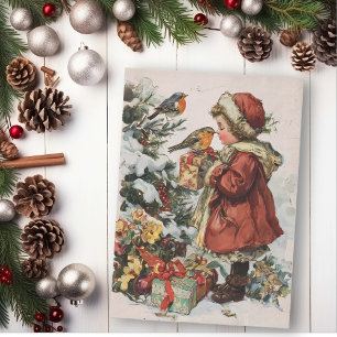 Papel De Seda Menina de Natal Antiga com Pássaro