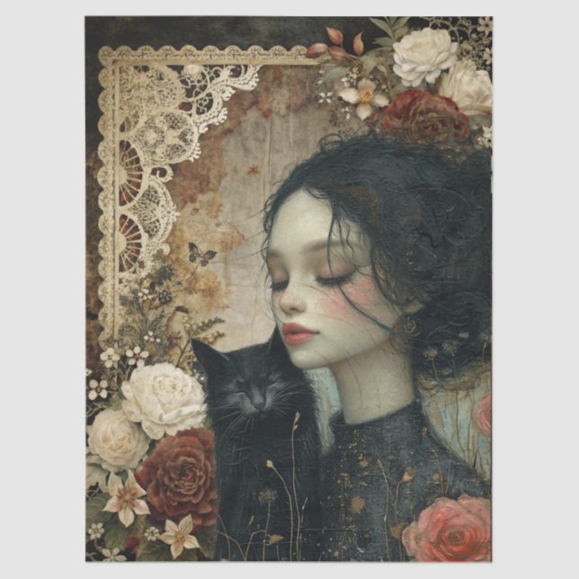 Papel De Seda Menina Elegante Única e Jardim Floral de Gato Negr (Frente )