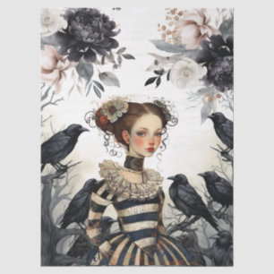Papel De Seda Menina Gótica Florais Vintage & Decoupage de Corvo