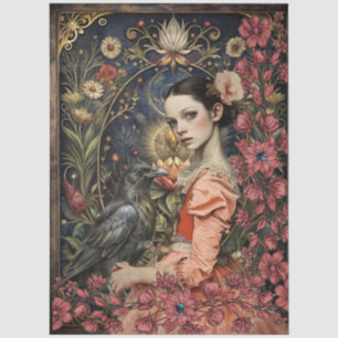 Papel De Seda Menina Gótica Vitoriana & Colagem Floral de Corvo 