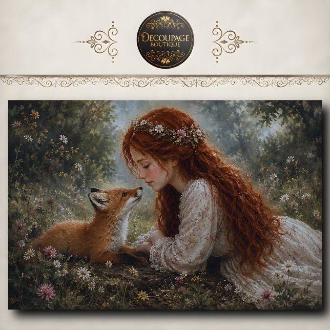 Papel De Seda Menina ruiva Fox Meadow Decoupage (Redhead girl Fox Meadow Decoupage Tissue Paper)