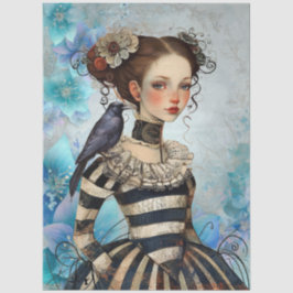 Papel De Seda Menina Vitoriana Gótica & Flores Teal de Corvo
