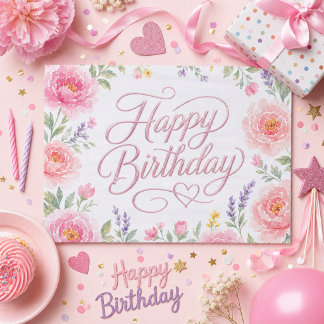 Papel De Seda Meninas Feliz Aniversário Floral Rosa Prata
