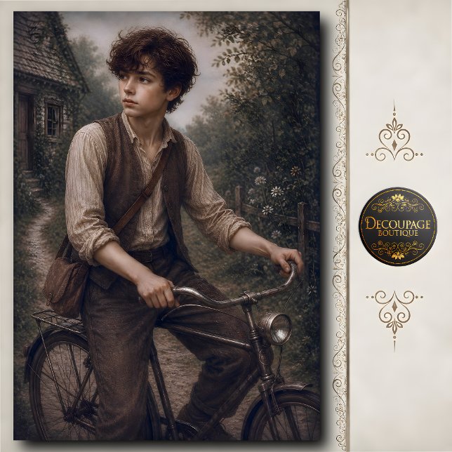 Papel De Seda Menino com Decoupage de Bicicleta Antiga (Boy with Vintage Bicycle Decoupage Tissue Paper)
