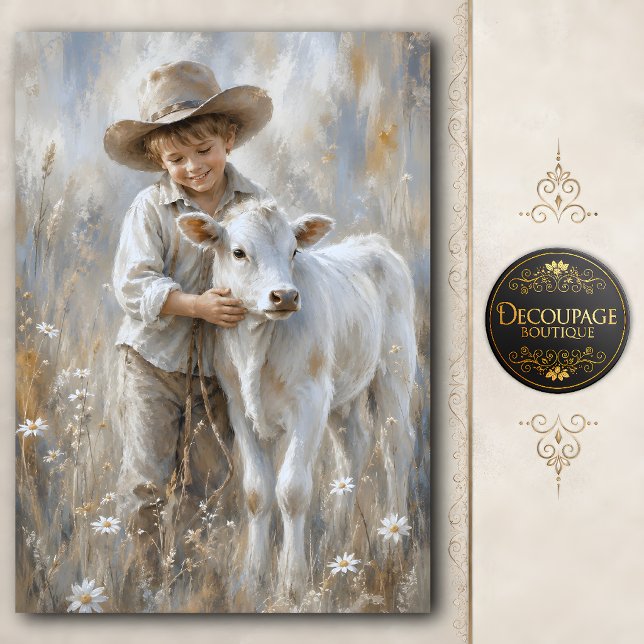 Papel De Seda Menino e Bezerro Decoupage Fazenda (Boy and Calf Farmhouse Decoupage Tissue Paper)