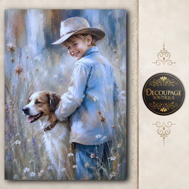 Papel De Seda Menino e Cachorro da Fazenda Decoupage (Boy and Farm Dog Decoupage Tissue Paper)