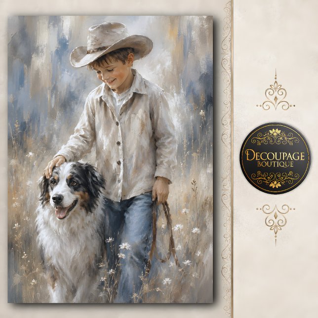 Papel De Seda Menino e Cachorro de Rancher Decoupage (Boy and Ranch Dog Decoupage Tissue Paper)