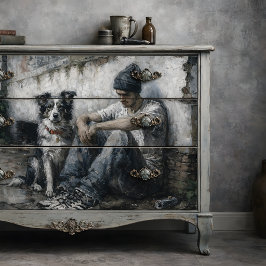 Papel De Seda Menino e Cachorro Quietude Urbana Chuvosa Decoupag