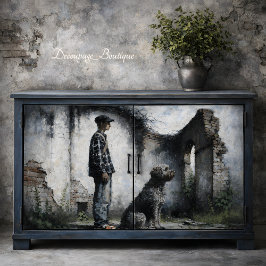 Papel De Seda Menino e Cão Leal entre Ruínas Decoupage Azul Cinz