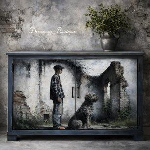 Papel De Seda Menino e Cão Leal entre Ruínas Decoupage Azul Cinz
