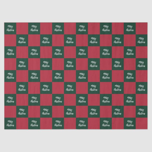 Papel De Seda Merry Christmas Script Green and Red Checkerboard (Frente )