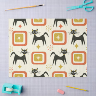 Papel De Seda Mid Century Black Atomic Cats with Vintage squares