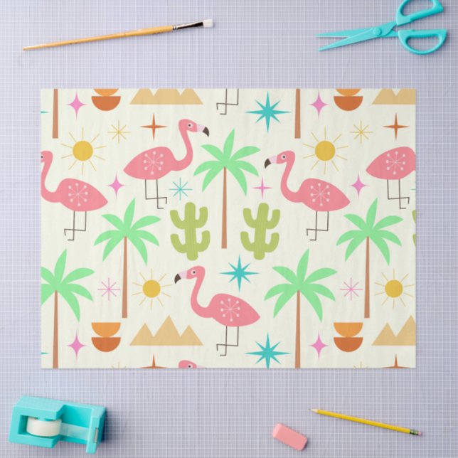 Papel De Seda Mid Century Palm Springs Flamingo with Trees  (Arte )