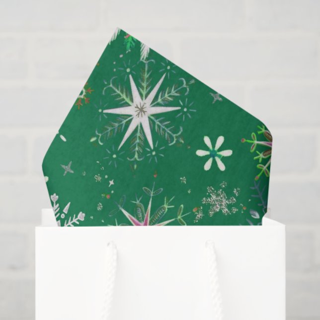 Papel De Seda Mid-Century Snowflakes Galore On Green (Sacola de presentes)