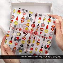 Papel De Seda Minimalista de Corações e Flores Vermelho e Negro