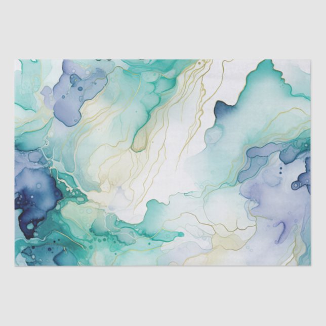 Papel De Seda Mint Aqua Blue Ink Marble (Frente )