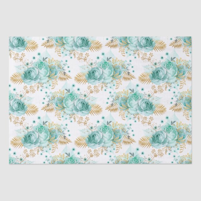 Papel De Seda Mint Dourada Glam Floral (Frente )