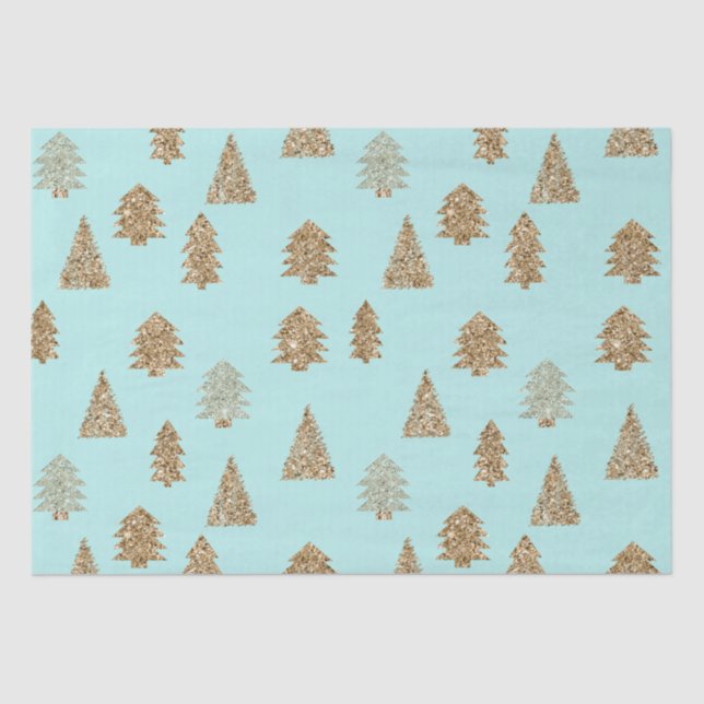 Papel De Seda Mint Dourado Glitter Árvores de Natal (Frente )