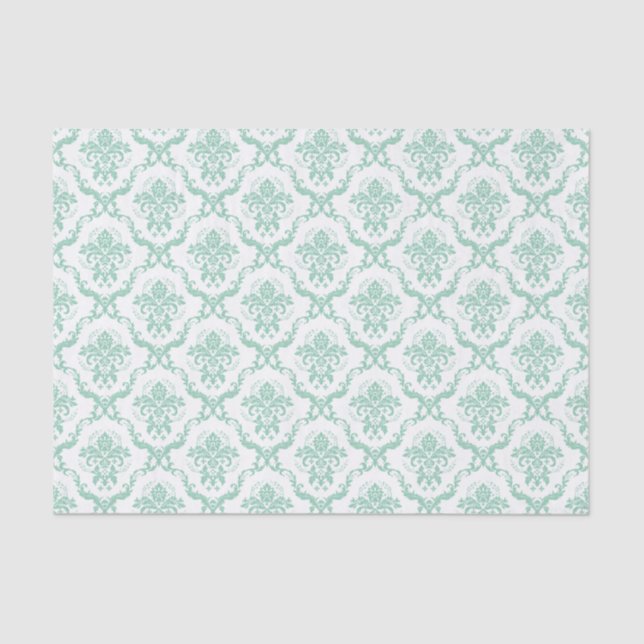 Papel De Seda Mint-Green Elegante e Damascos Florais Brancos (Frente )