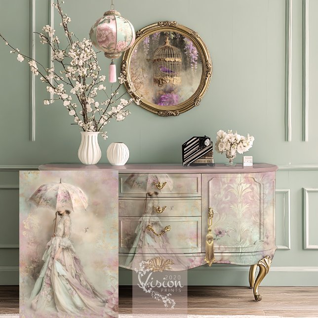 Papel De Seda Mint Mauve Romance, Senhora do Hummingbird e Paras (Mint Mauve Romance, Hummingbird, Portrait Parasol and Floral Decoupage Tissue Paper)