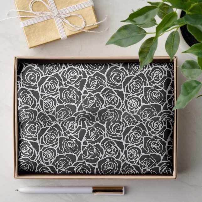 Papel De Seda Modern Black and White Roses Chic Floral Pattern  (Presente)