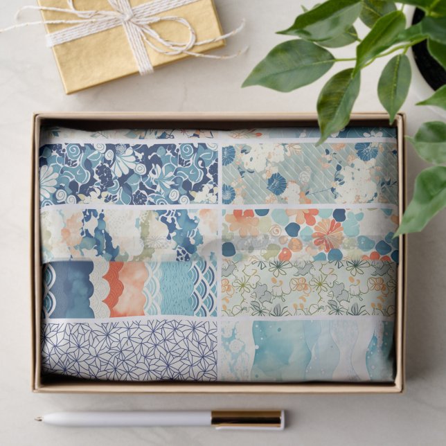 Papel De Seda Modern Japanese Indigo Pattern Collage Sampler (Criador carregado)