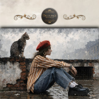 Papel De Seda Modern Woman in Beret with Cat Decoupage
