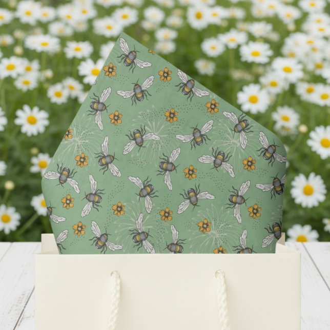 Papel De Seda Moderno Mel de Abelha em Verde Salvia para o Verão (Floral Bee Pattern Tissue Paper. Yellow & Black Honey Bees & Daisy Flowers Pattern in Sage Green)