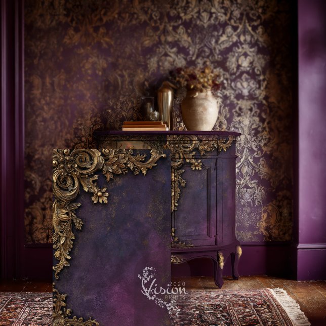 Papel De Seda Moldura Dourada Barroca Sobre Damasco Roxo (Gold Gilded Baroque, Art Deco, Moody Purple Backdrop, Decoupage Tissue Paper.)