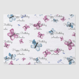Papel De Seda Monograma, cor-de-rosa e borboleta azul