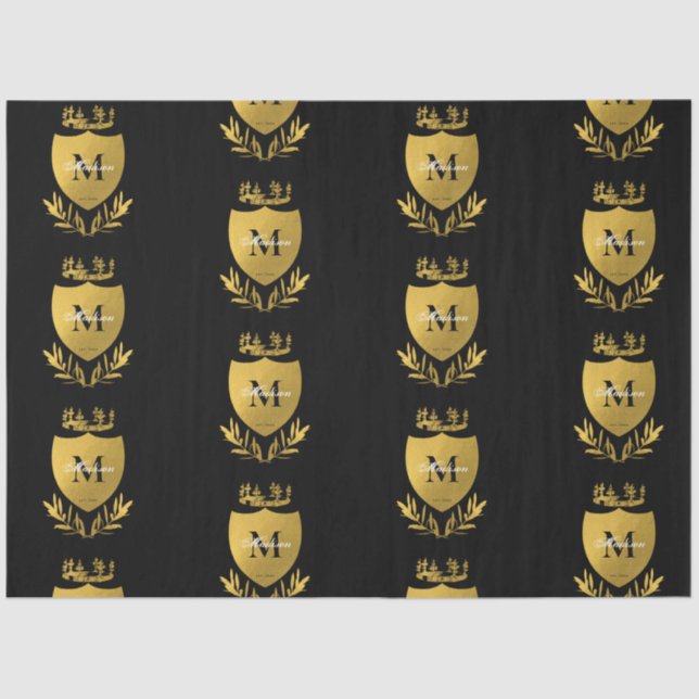 Papel De Seda Monograma de blindagem Real Black & Dourada (Frente )