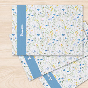 Papel De Seda Monograma de Nome Aquarela Flor Silvestre Azul