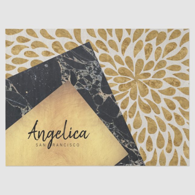 Papel De Seda Monograma Dourado à moda da pedra do mármore do (Frente )