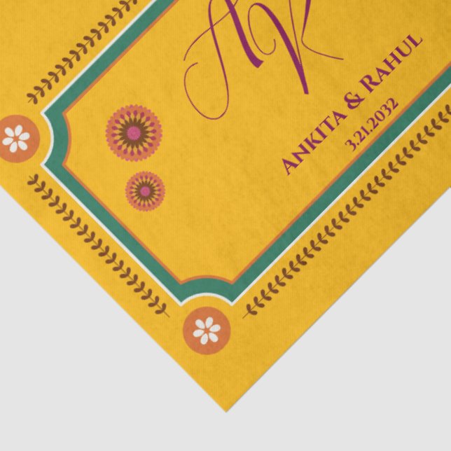 Papel De Seda Monograma Floral Amarelo Inicial Casamento Indiano (Detalhes)