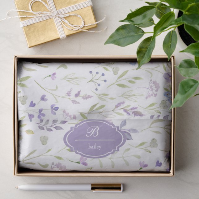 Papel De Seda Monograma Floral Roxo Personalizado (Presente)